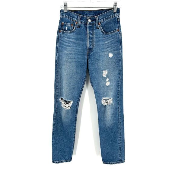 LEVI'S 501 Women's High Rise Button Fly Distressed Straight Leg Blue Jeans 24 - Picture 1 of 9